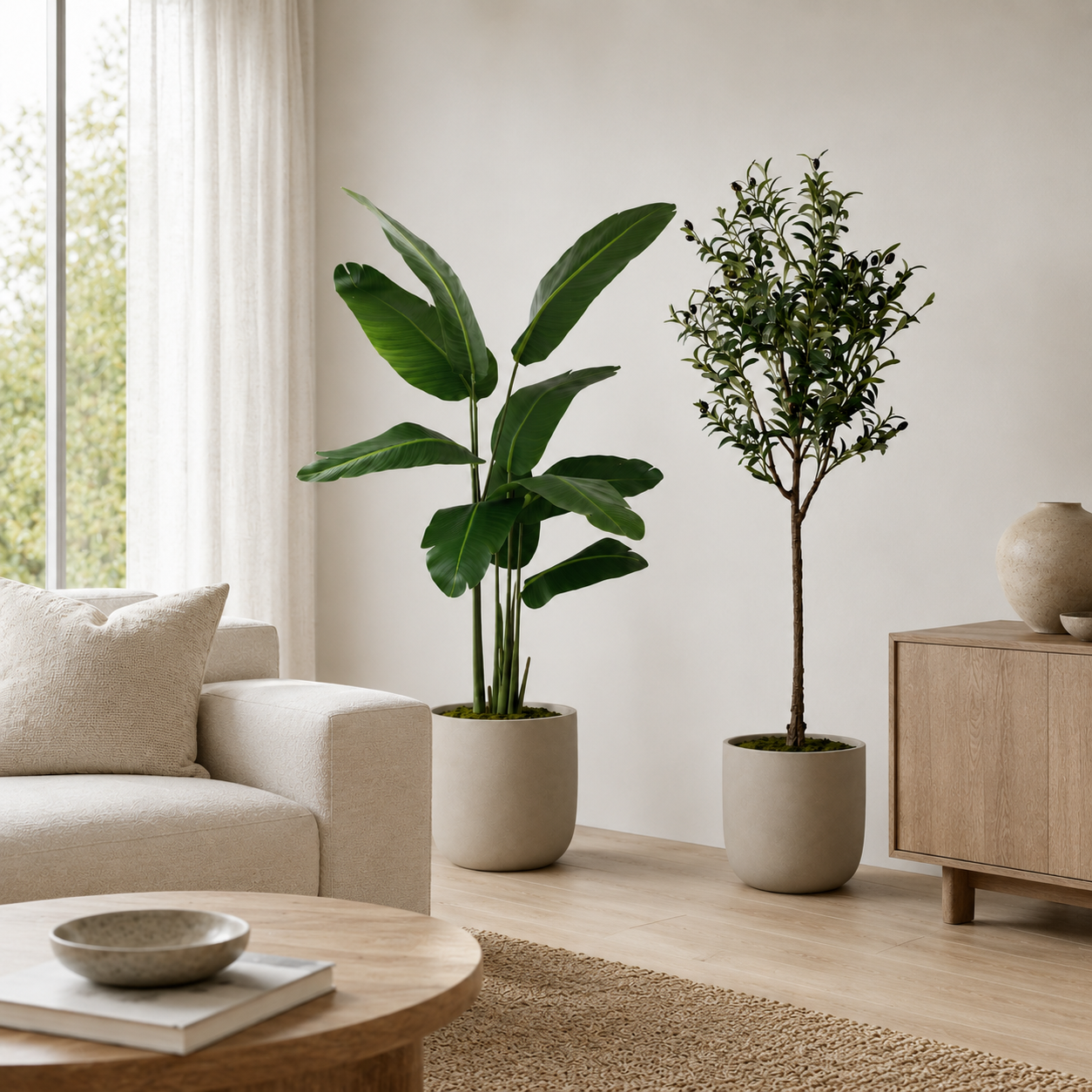 2-teiliges Kunstpflanzen-Set mit Strelitzie & Olivenbaum 150 cm