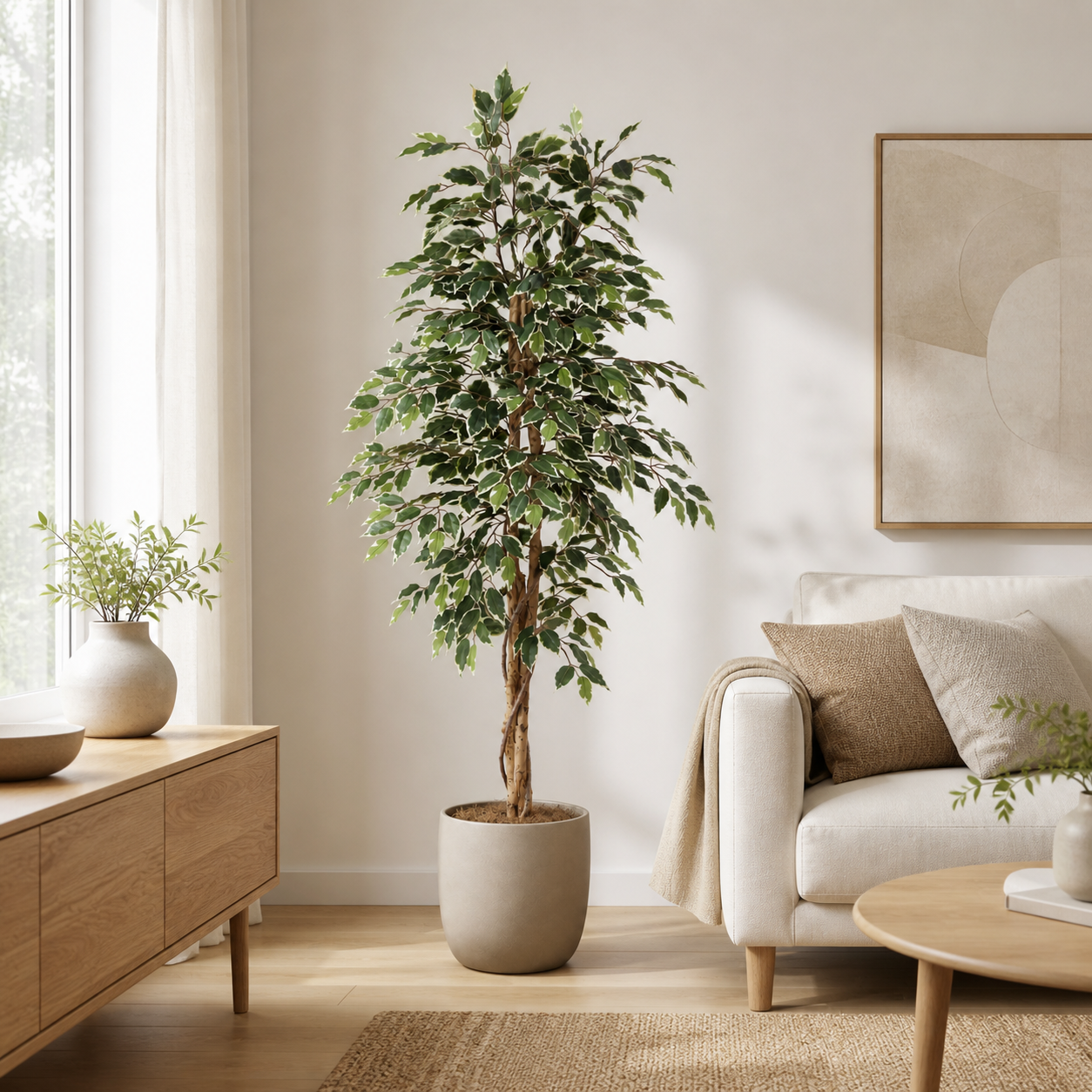 Kunstpflanze Birkenfeige Variegata 160 cm mit heller Blattoptik