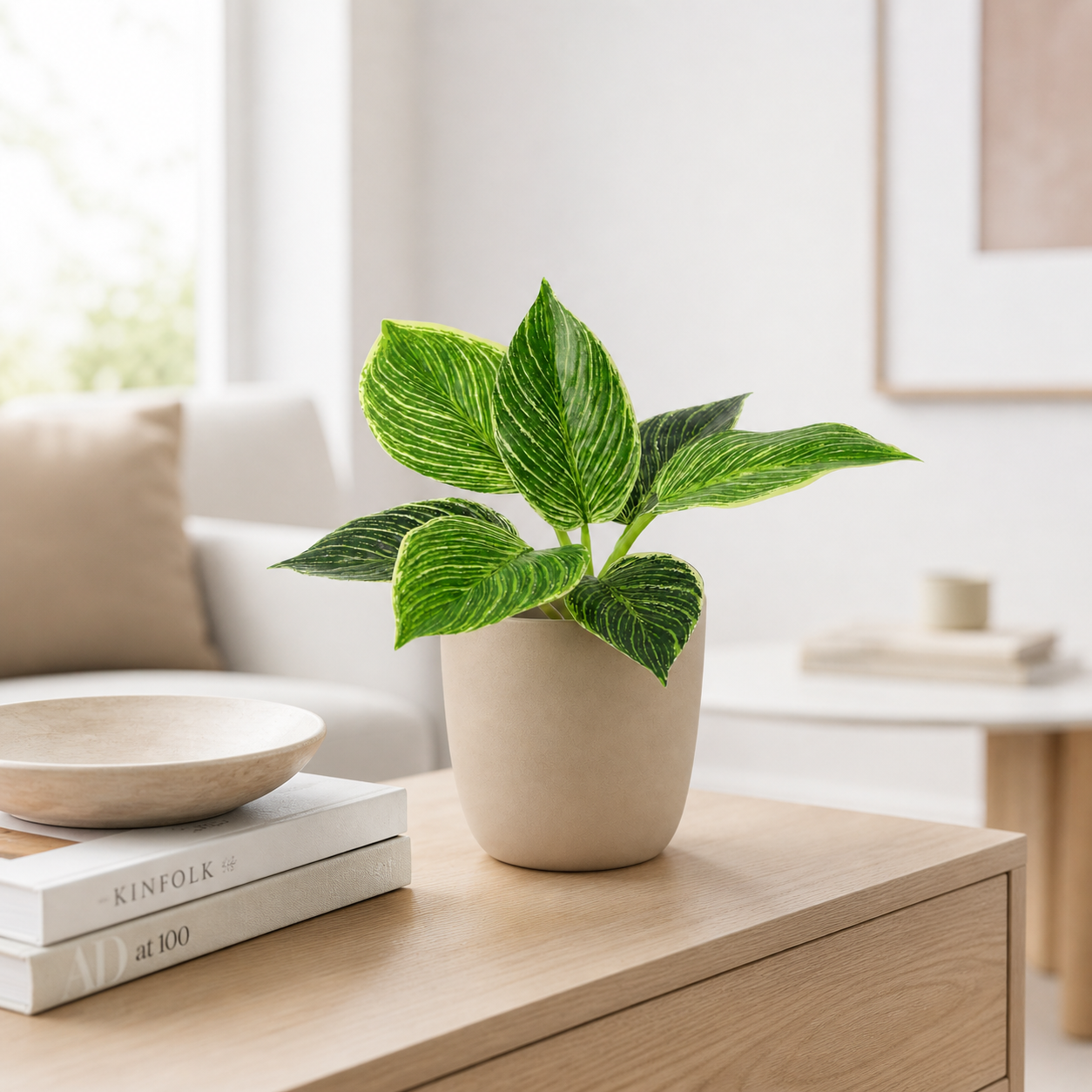 Kunstpflanze Philodendron Birkin 20 cm mit markanter Blattzeichnung